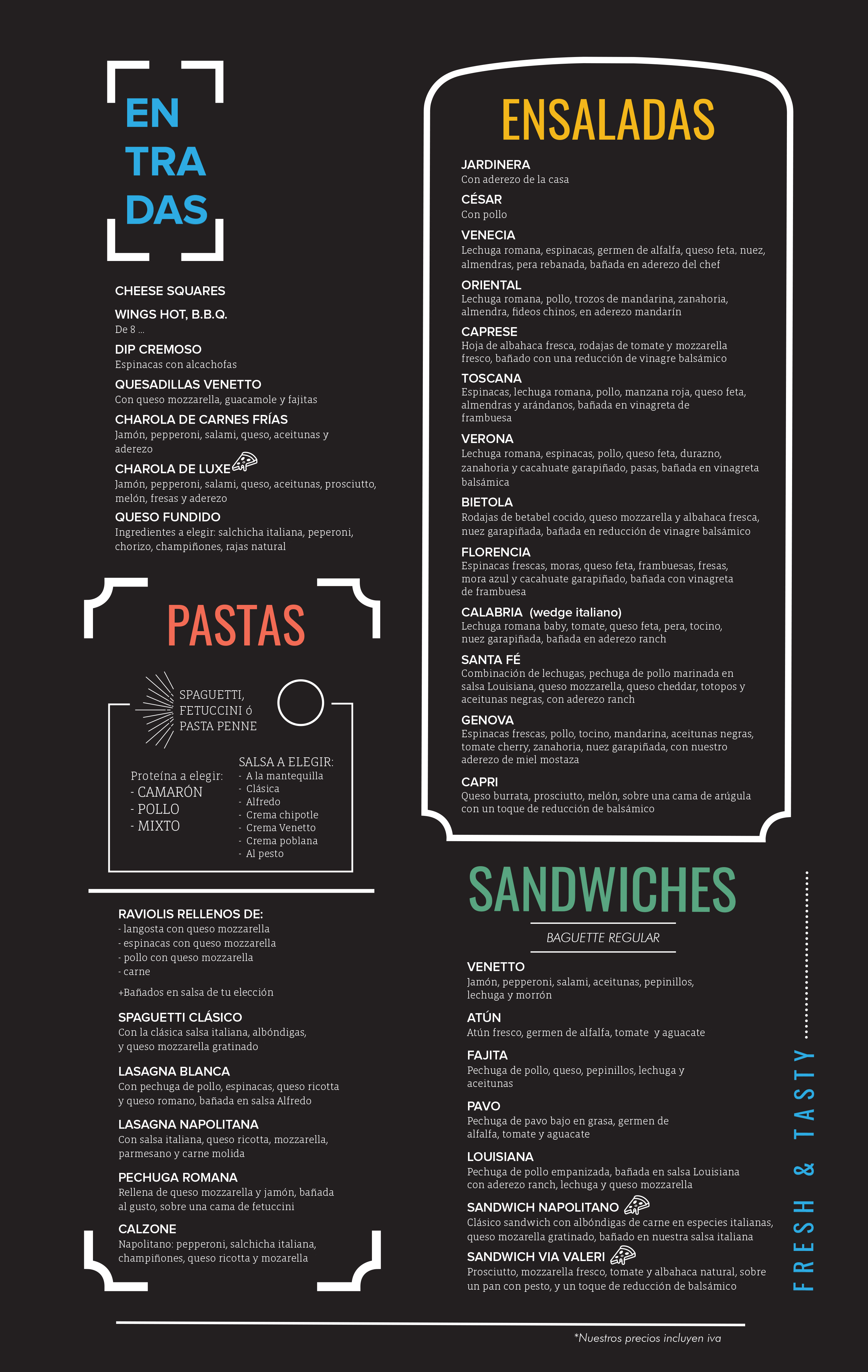 menu parte de entradas, pastas ensaladas y sandwiches.