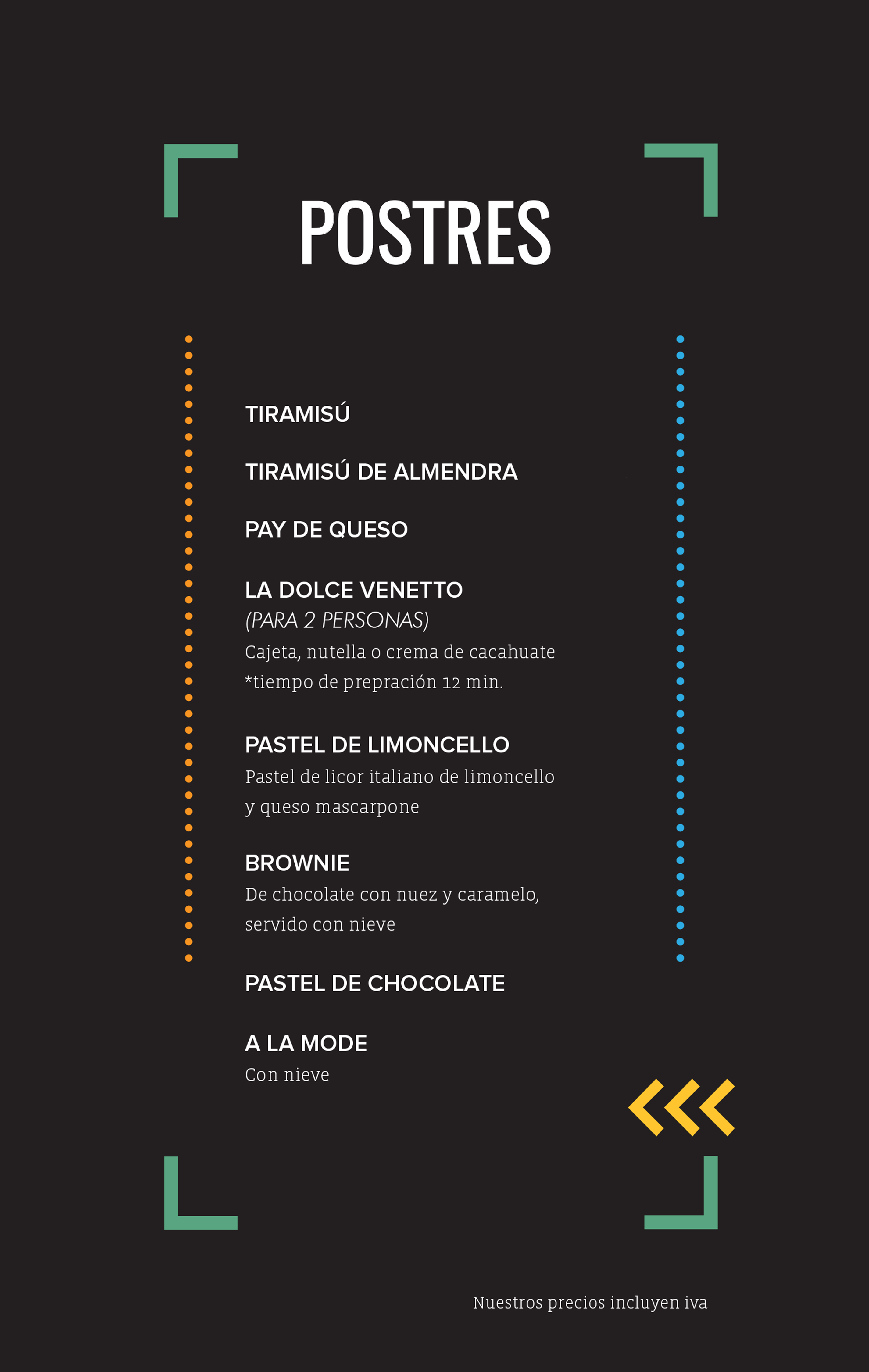 menu parte de entradas, pastas ensaladas y sandwiches.